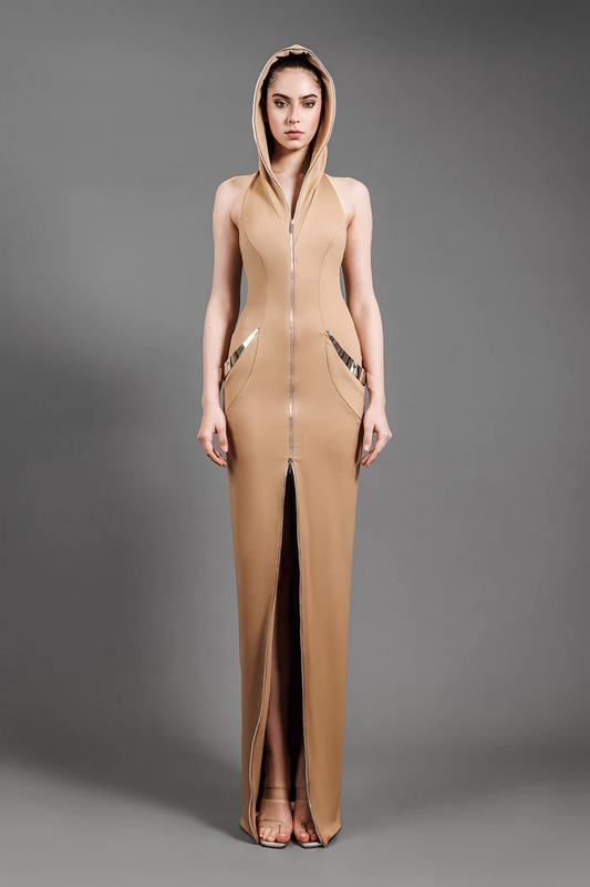 Hooded Jersey Slit Gown