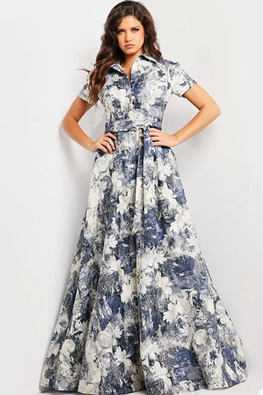 Print Short Sleeve A-Line Gown