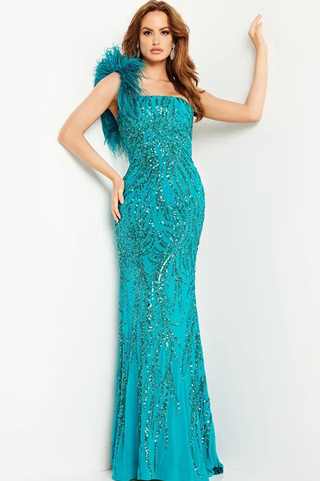 Beaded Jersey One Shoulder Gown