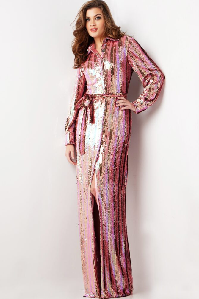 Multi Sequin Long Sleeve Gown