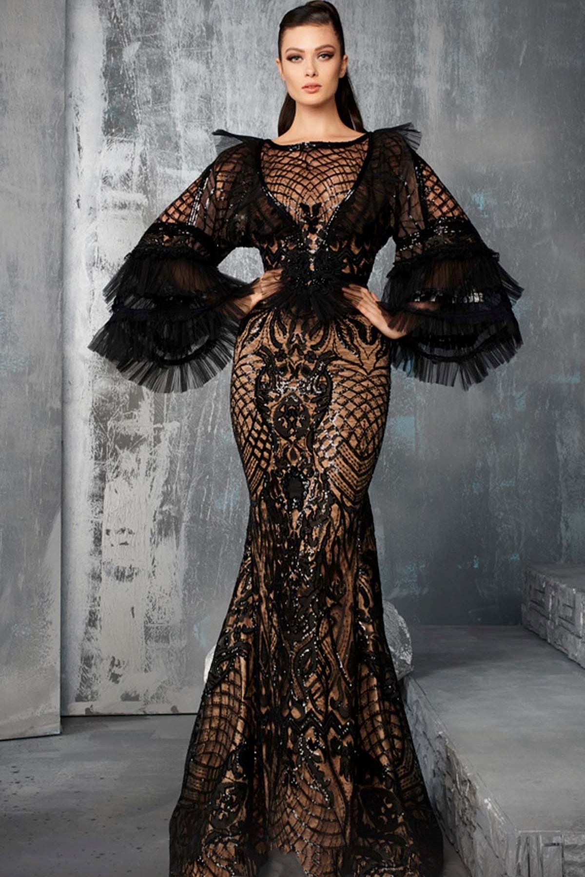 Long Flutter Sleeve Black Gown