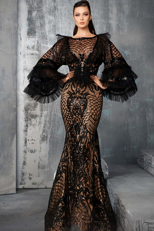 Long Flutter Sleeve Black Gown