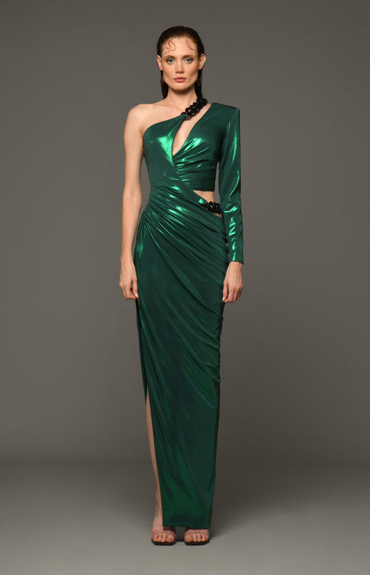 One Shoulder Lamé Gown