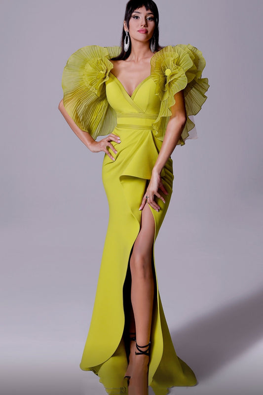 Sculpted Sleeve V-Neck Gown