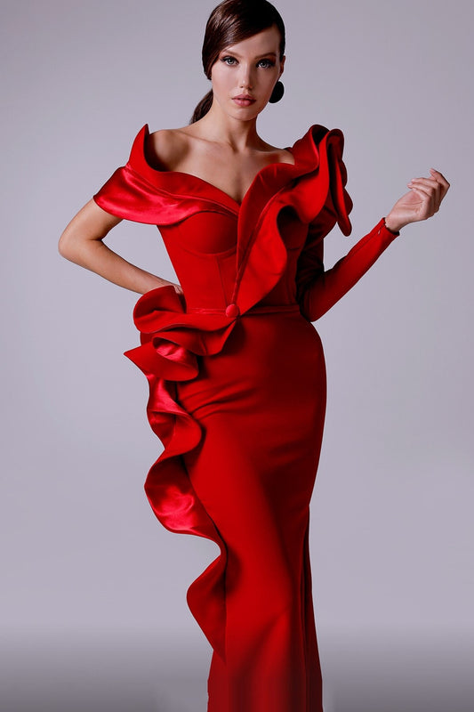 Ruffled-Structure Red Gown