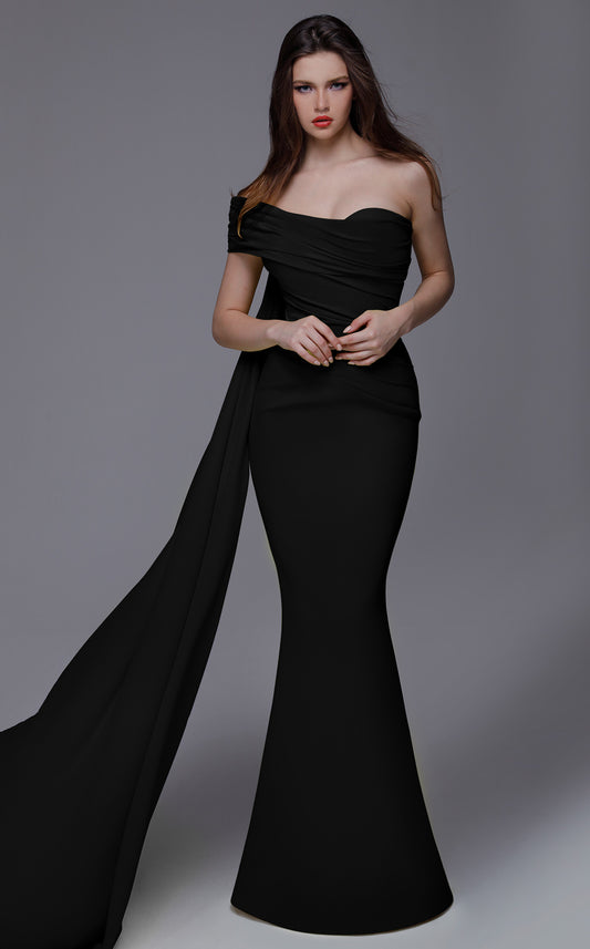 One Shoulder Train Black Gown