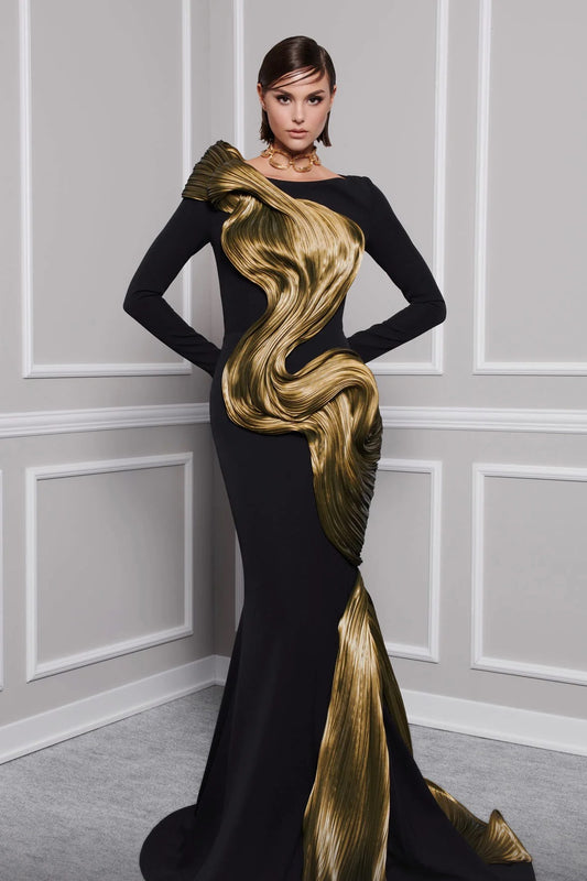 Cascading Illusion Long Sleeve Gown
