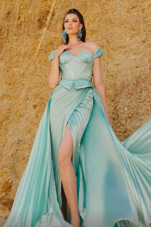 Off Shoulder Pleated Peplum Gown