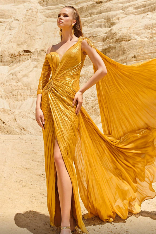 Pleated Gown with Draped Shoulder