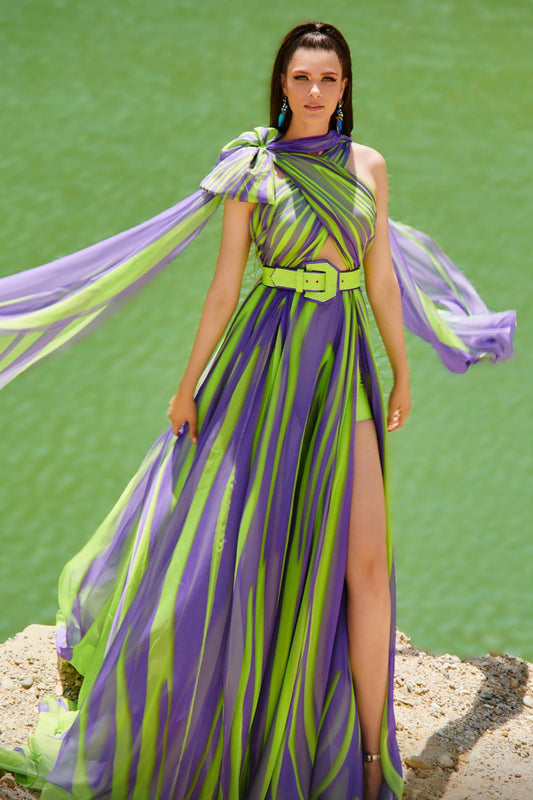 Sleeveless Striped Slit Gown