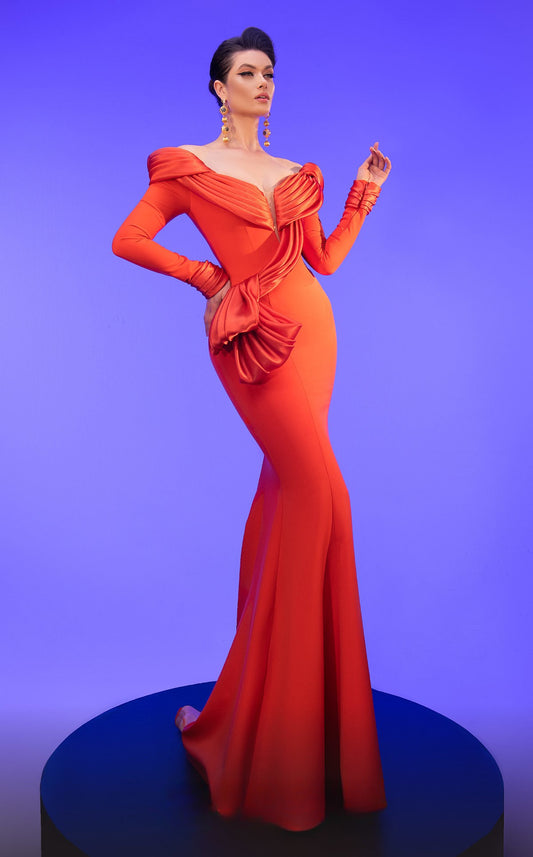 Off Shoulder Long Sleeve Fitted Gown