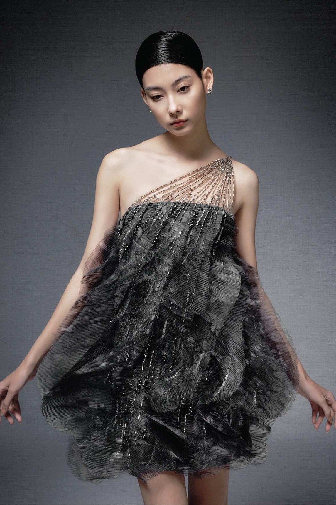 One Shoulder Chiffon, Tulle and Sequin Dress