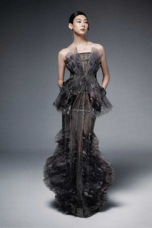 Strapless Chiffon, Tulle and Sequin Gown