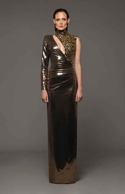 Long Sleeve  Lamé Gown