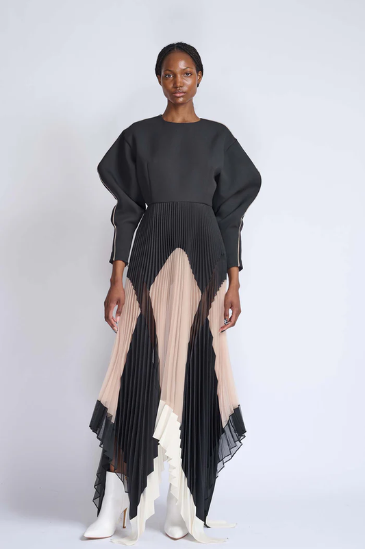 Onyx Cady, Gazar and Organza Pleated Dress