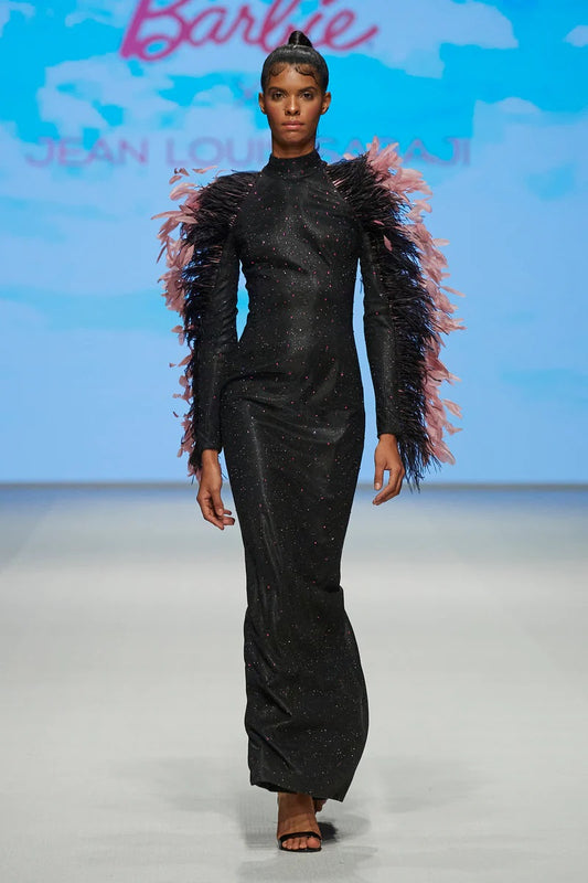 Long Sleeve Gown with Embroidery and Feathers