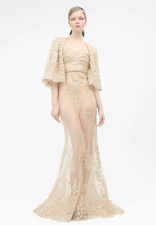 Embroidered Tulle Gown with Flared Sleeves