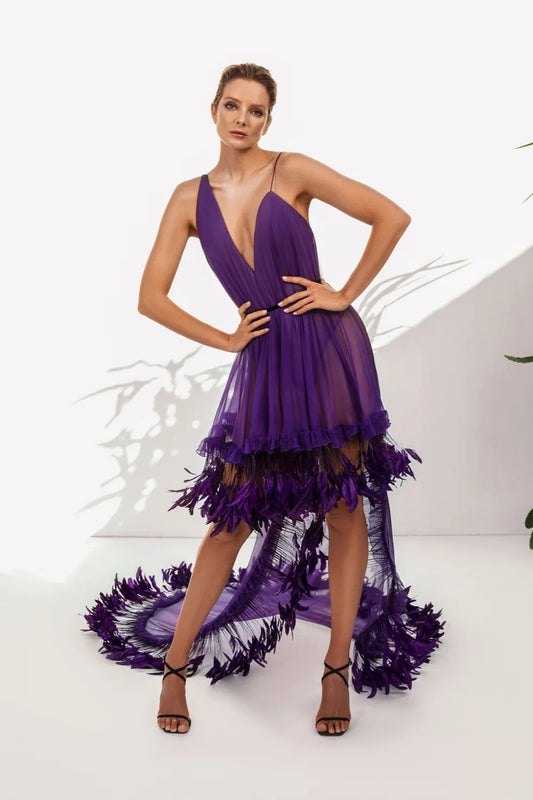 V-Neck Feather Detail Dress