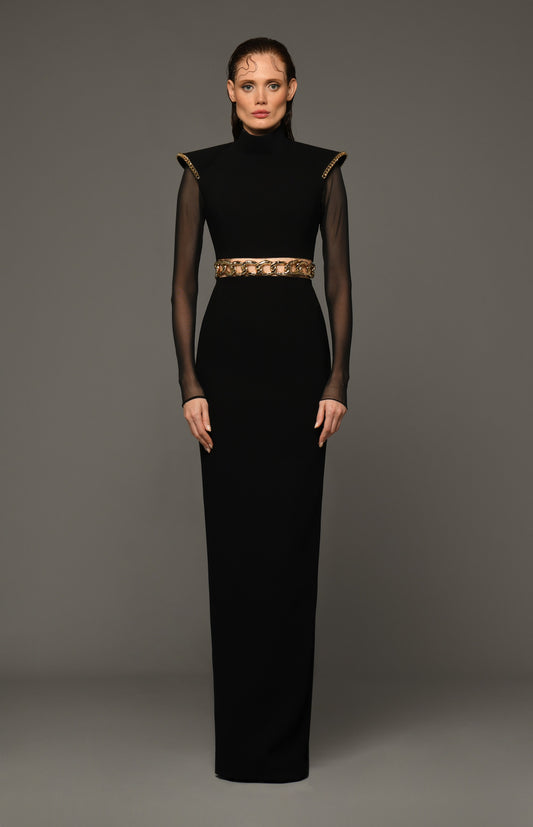 Long Tulle Sleeve Crêpe Gown