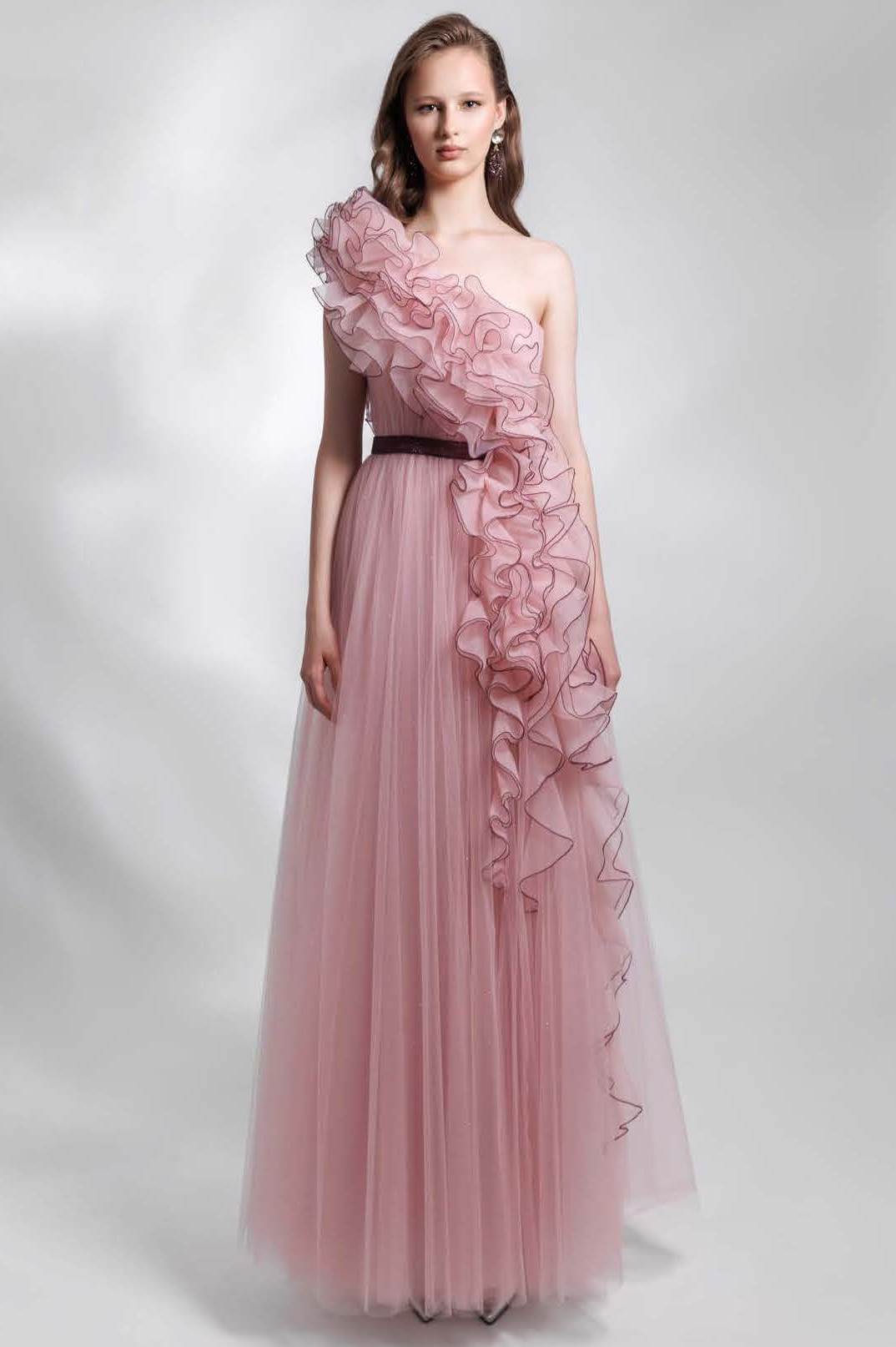Laser-Cut Ruffled One Shoulder Tulle Gown