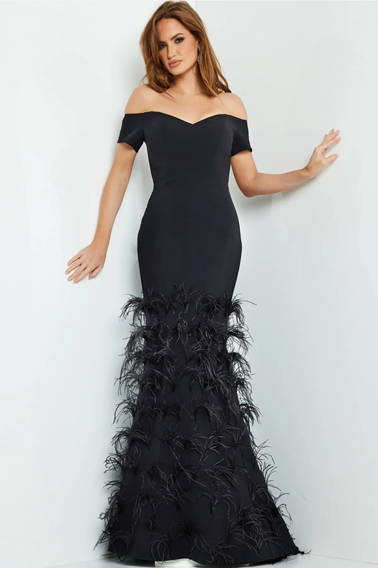 Off Shoulder Gown with Feathers
