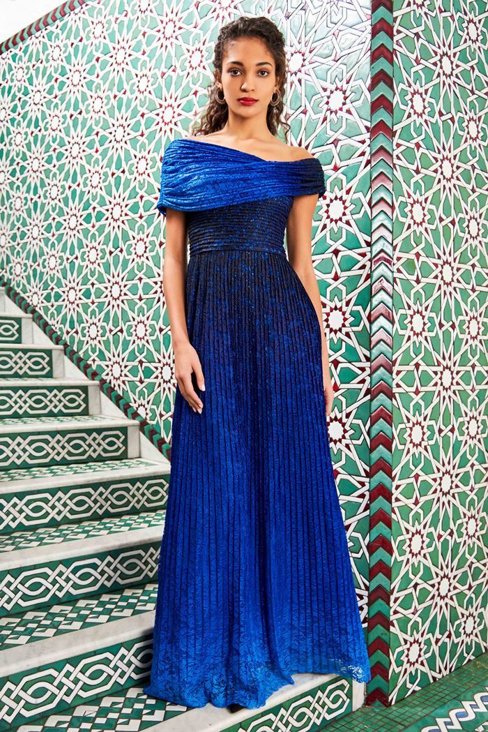 Draped Shoulder Ombre Evening Gown