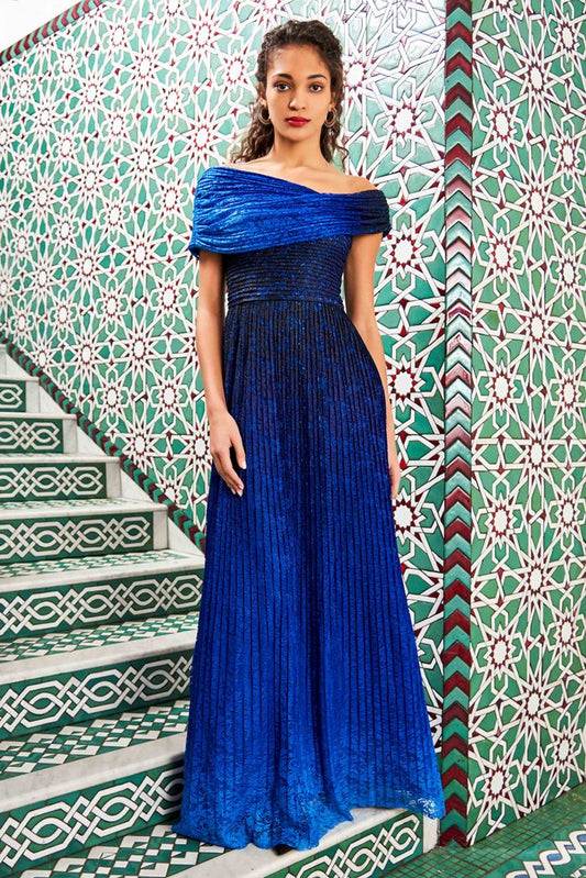 Draped Shoulder Ombre Evening Gown