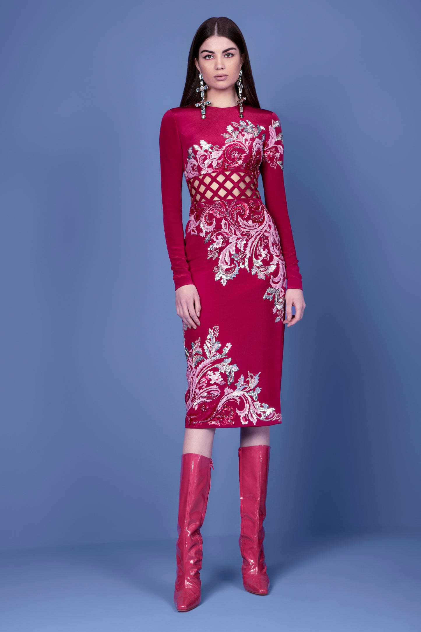 Long Sleeve Beaded Crepe Dress