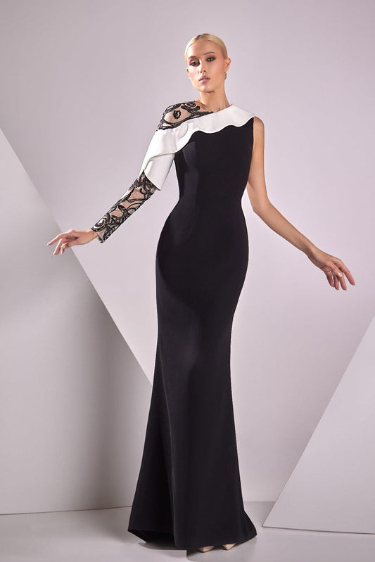 Crepe and Lace Embroidered Gown