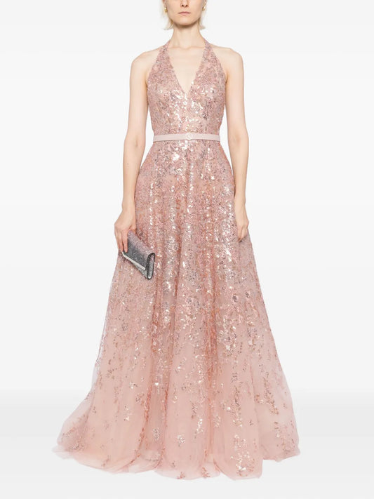 Sleeveless Tulle Halter Gown