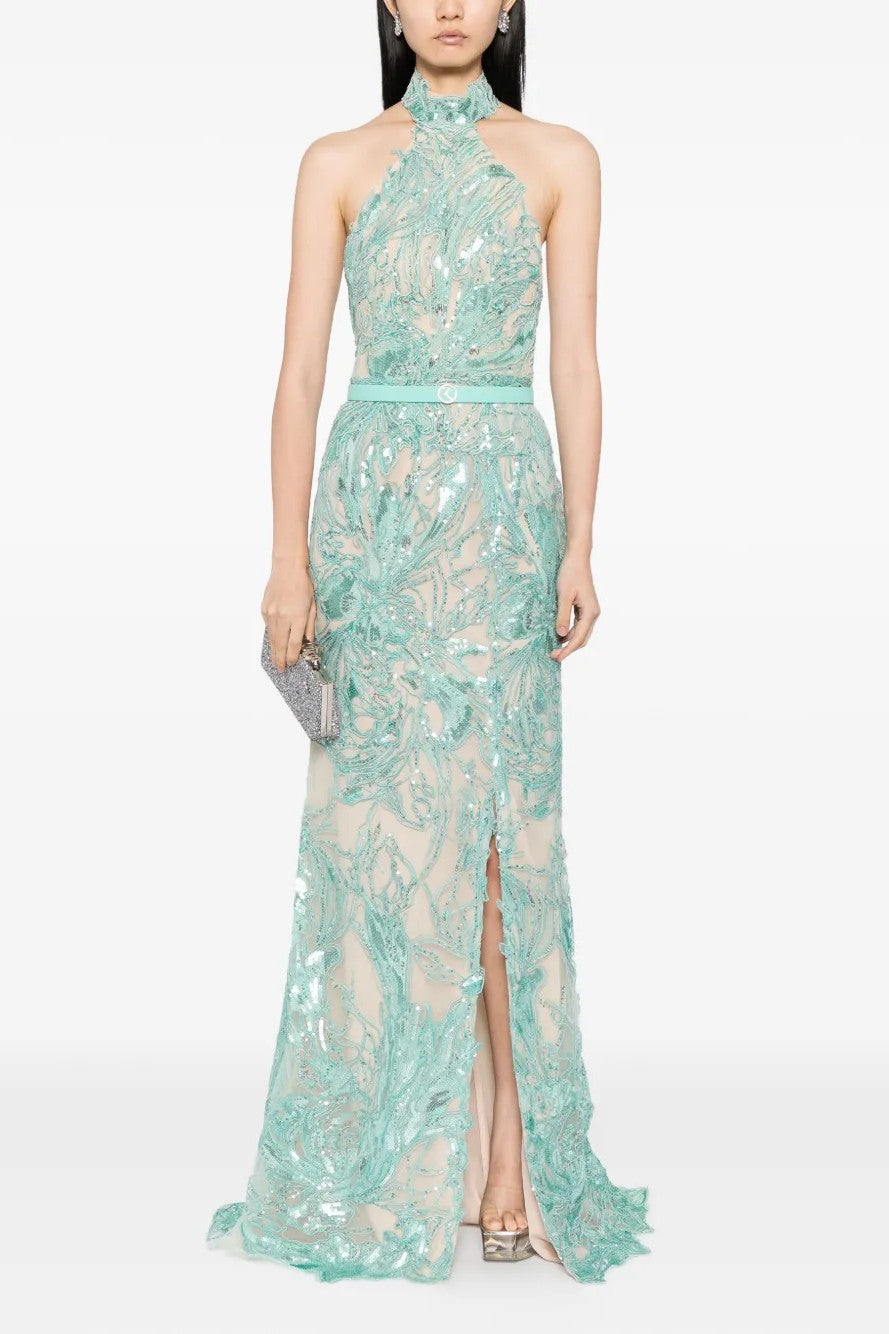 Embroidered Halter Neck Gown