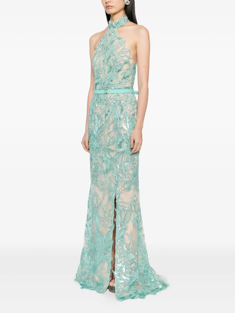 Embroidered Halter Neck Gown