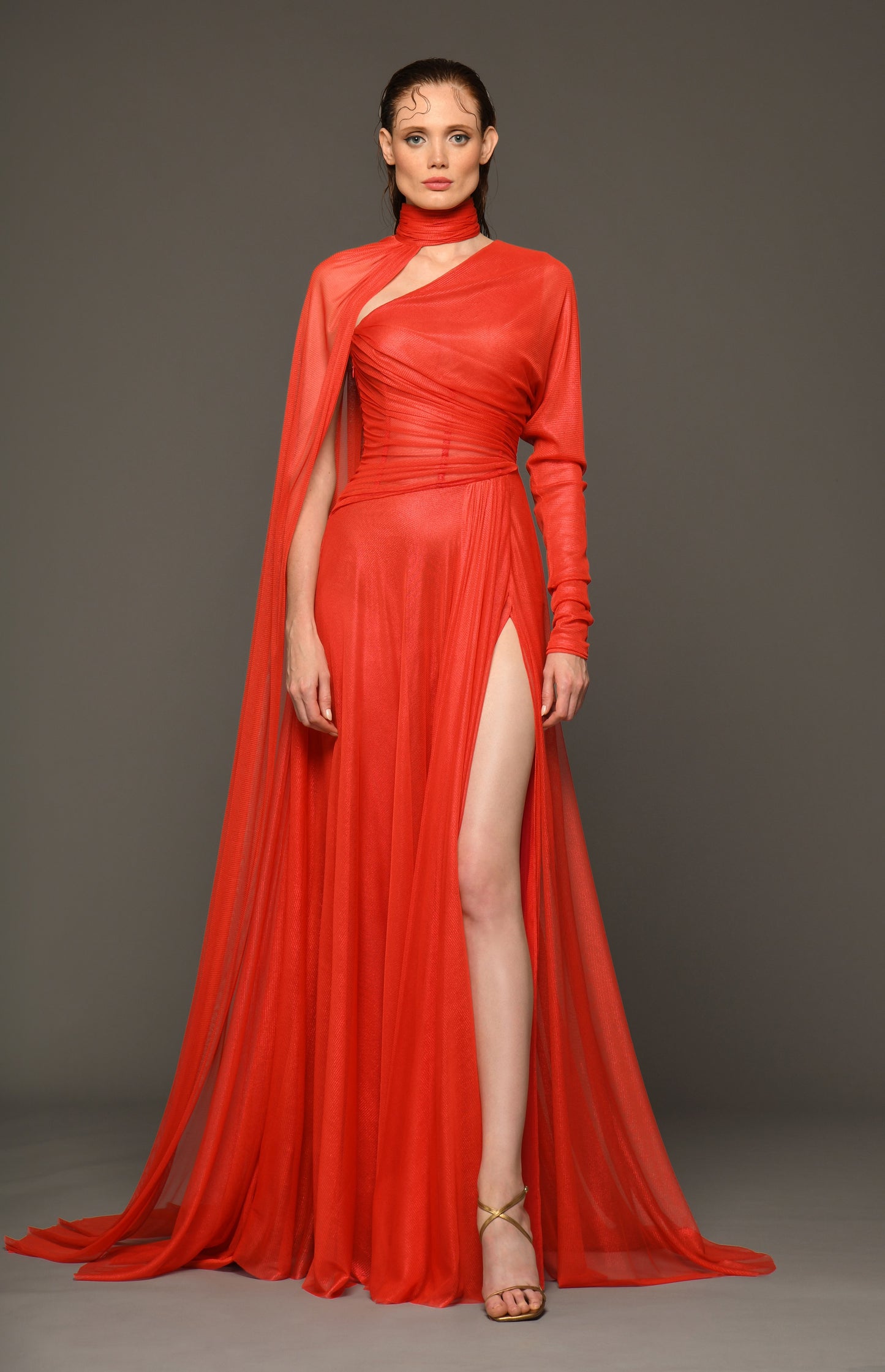 One Shoulder Draped Tulle Gown