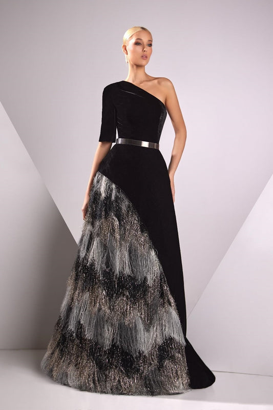 Velvet and Feather One Shoulder Gown