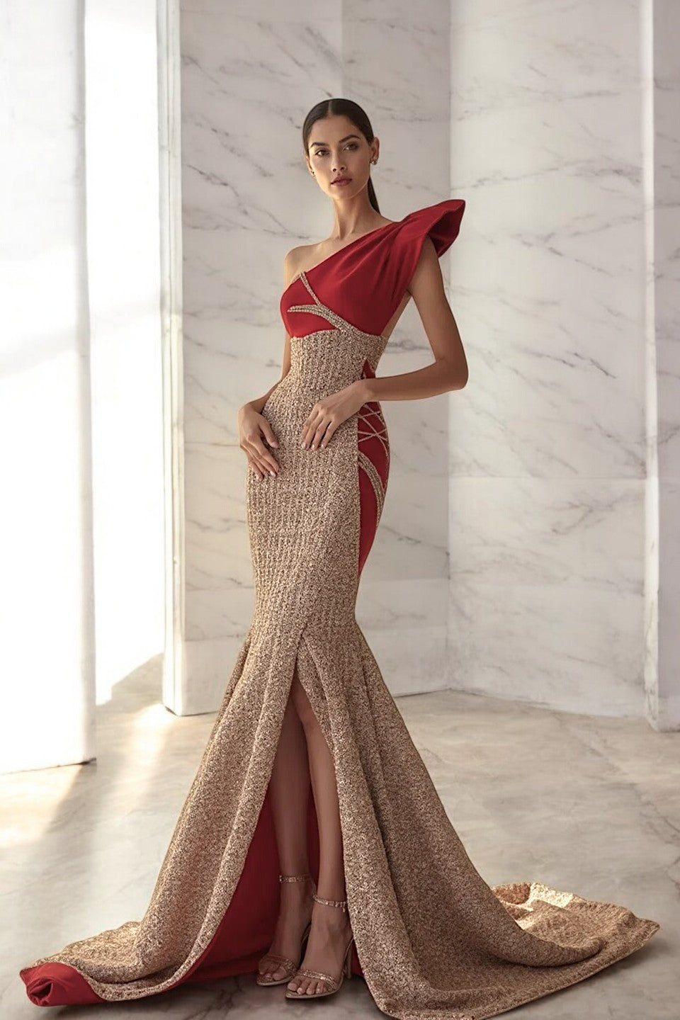 Flared One Sleeve Slit Gown