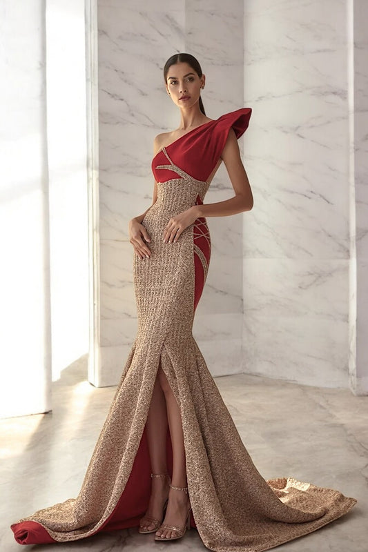 Flared One Sleeve Slit Gown