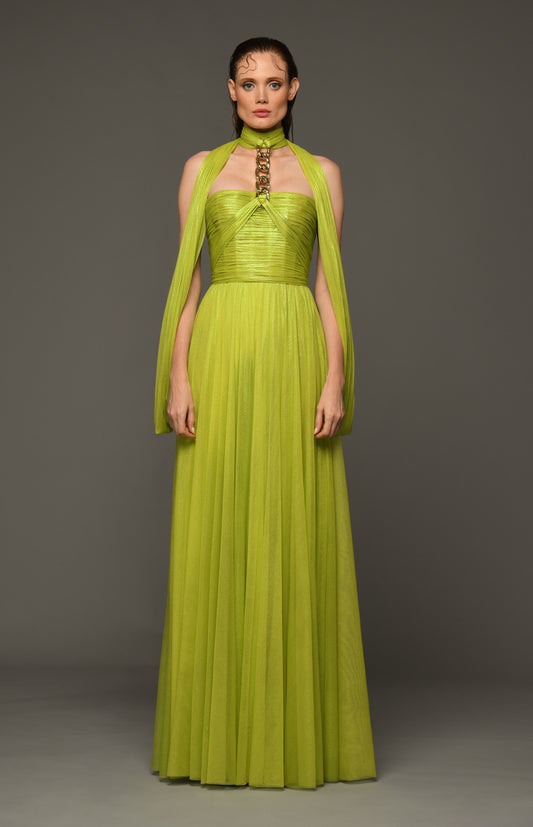 Draped Silk Foiled Tulle Gown