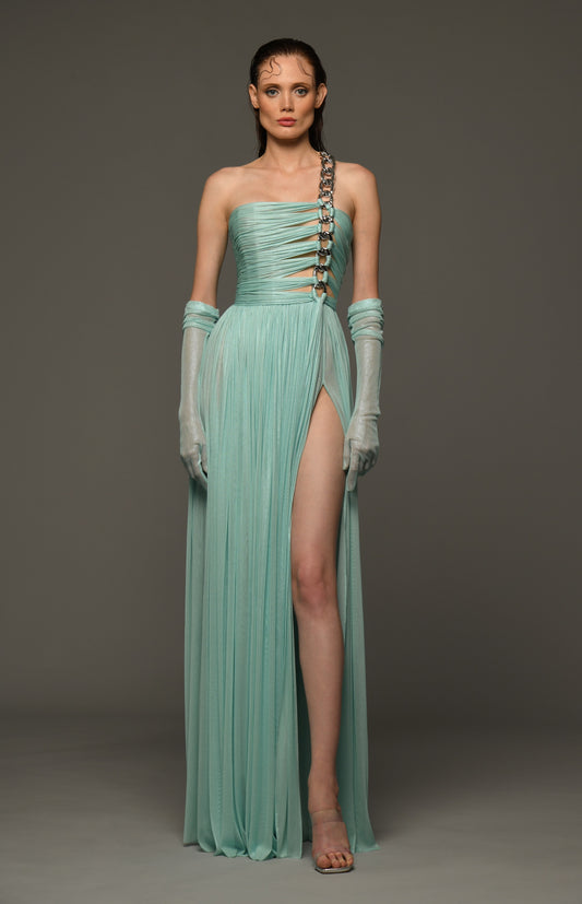Draped Silk Foiled Tulle Gown with Chain Strap