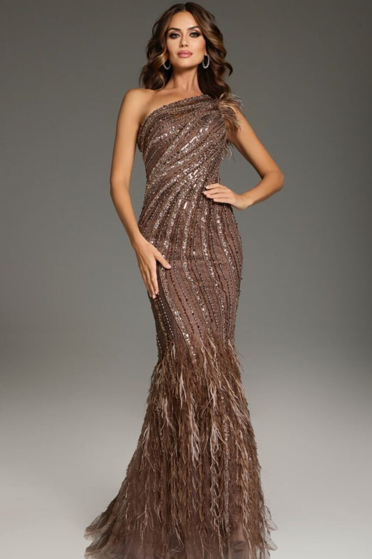 One-Shoulder Feathered Gown