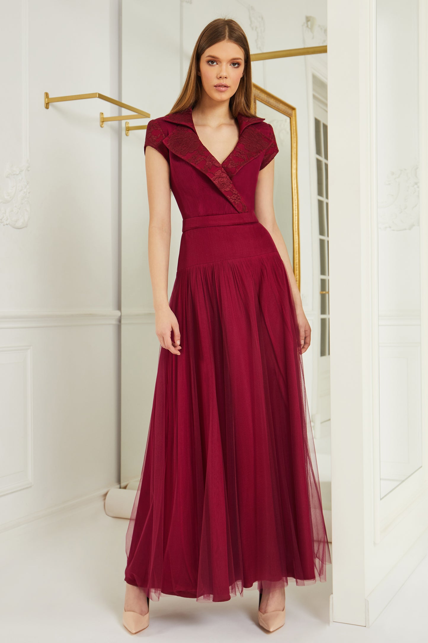 V Neck Pleated Cap Sleeve Gown