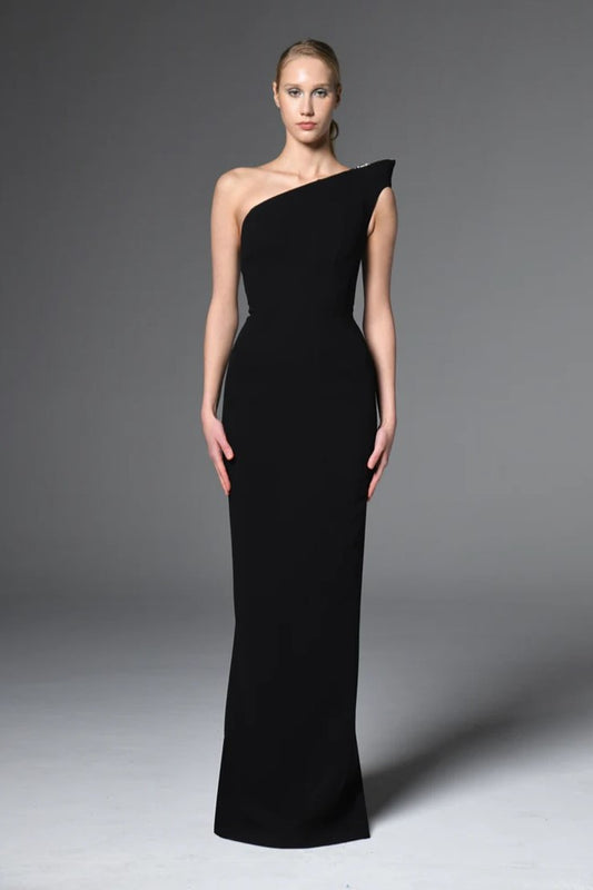 Asymmetric Cr?pe Embroidered Gown