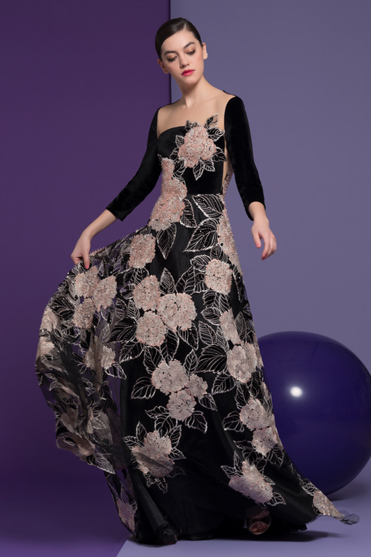 Black Floral 3/4 Sleeve Adeline Gown