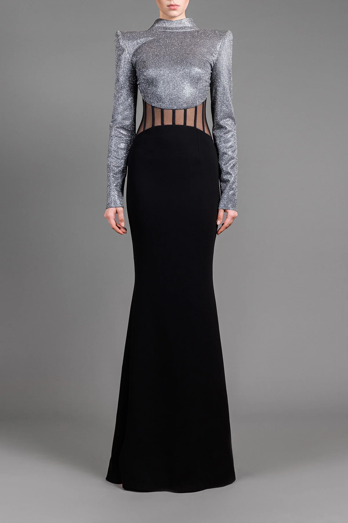 Lurex and Crêpe Long Sleeve Gown