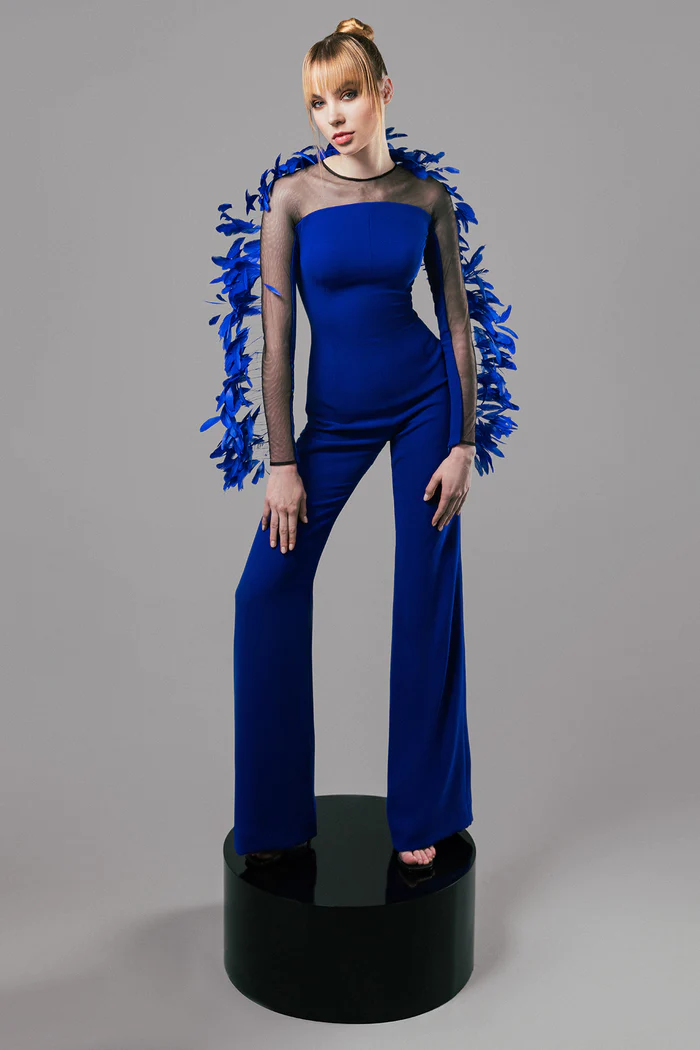 Crepe Jumpsuit with Feathered Sleeves
