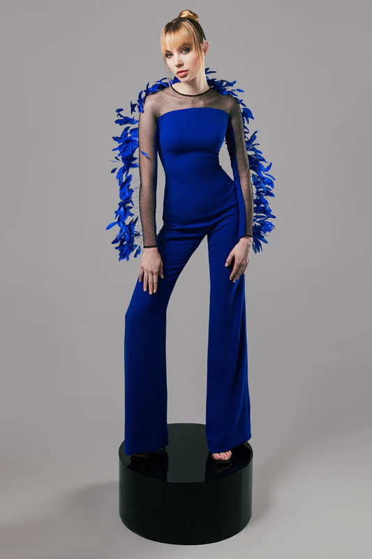 Crepe Jumpsuit with Feathered Sleeves