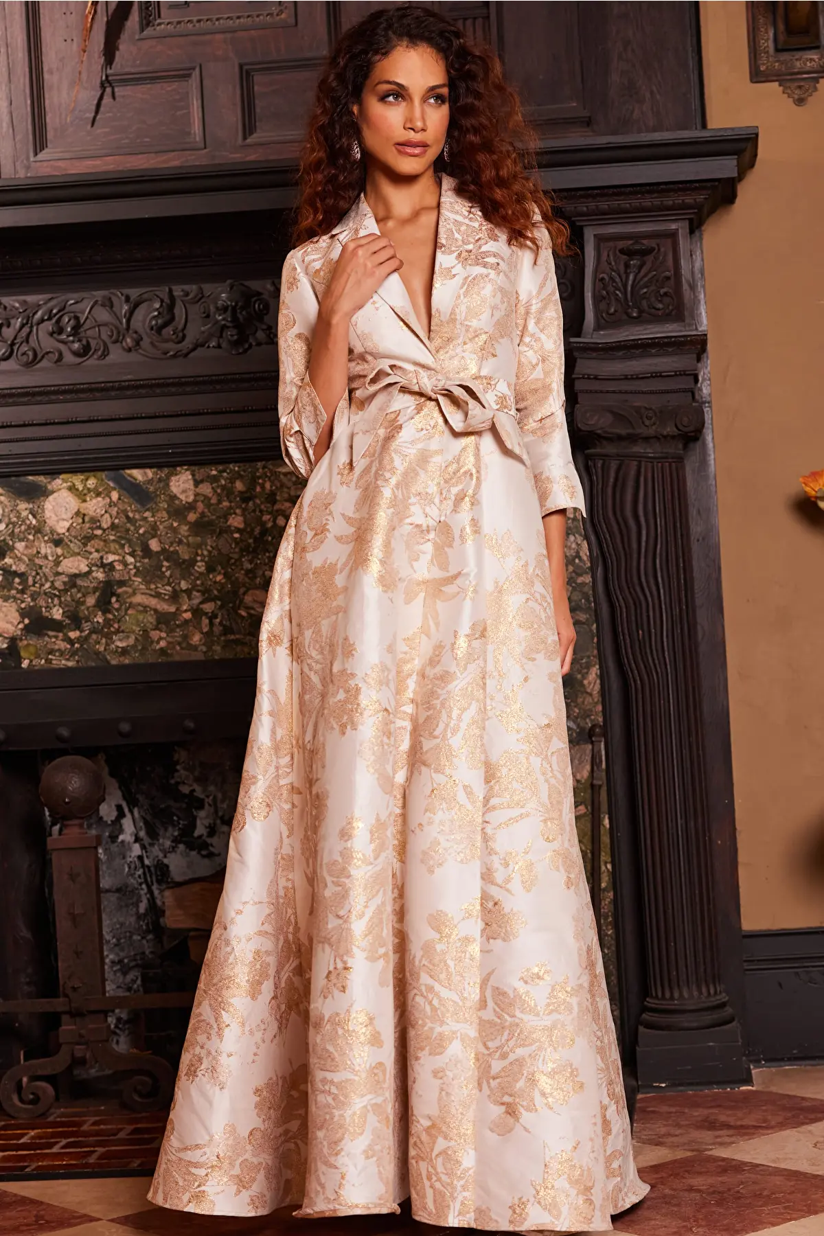 Three-Quarter Sleeve Jacquard Gown