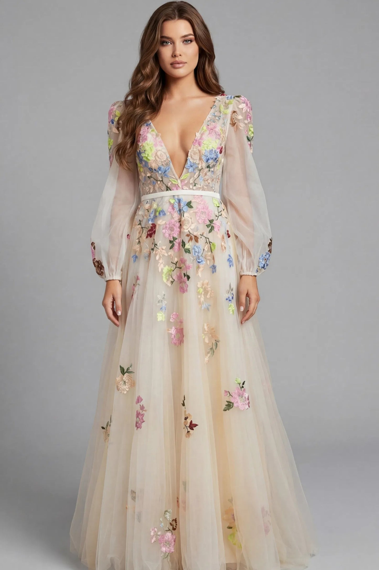 Floral Embroidered Evening Gown