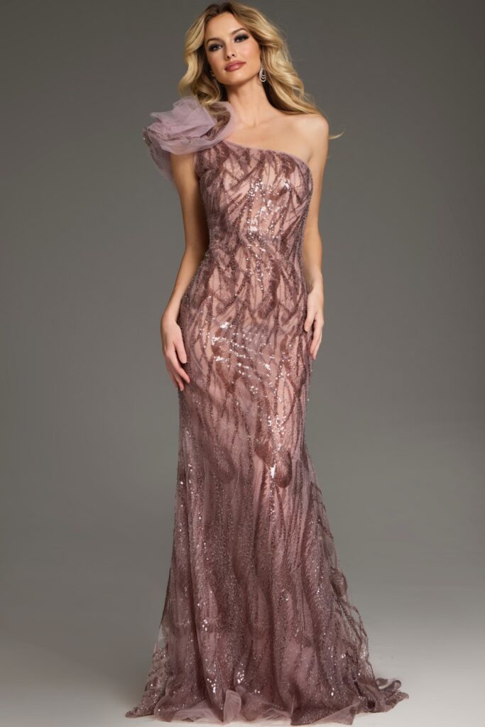 Ruffled One-Shoulder Sequin Gown
