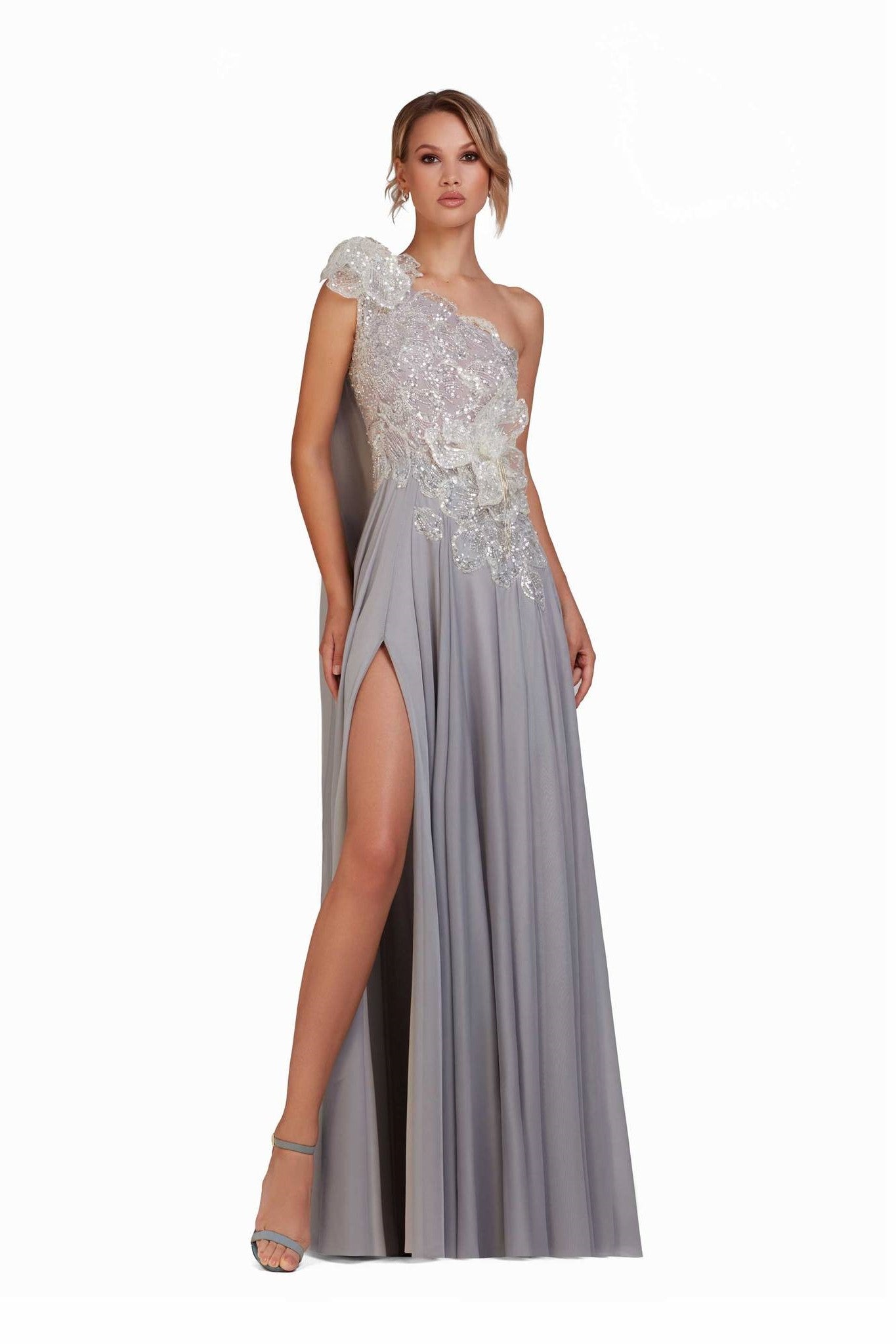 Embellished Bodice One Shoulder Gown