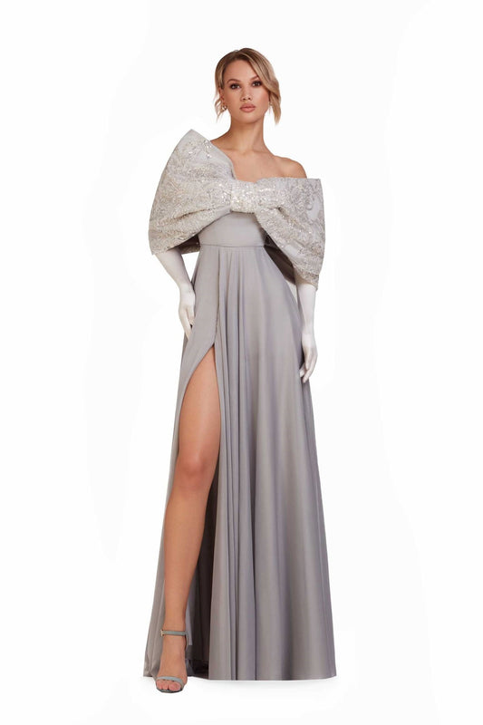 Off Shoulder Bow Sleeve Pleated Gown